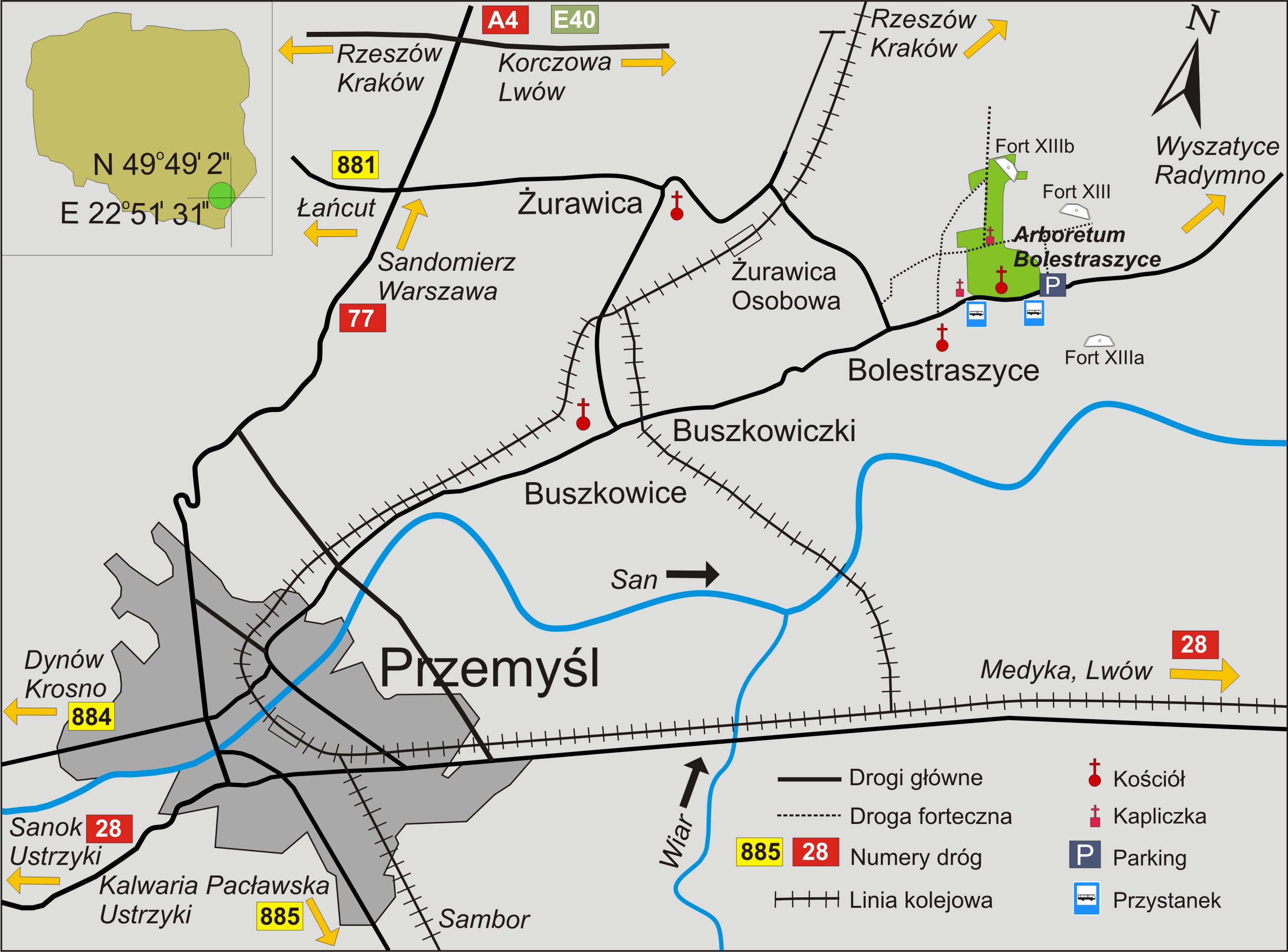 Mapa pokazuje drogę do Arboretum z Przemyśla. Na mapie zaznaczone są jeszcze pobliskie miejscowości jak Żurawica, Buszkowice, Buszkowicki.