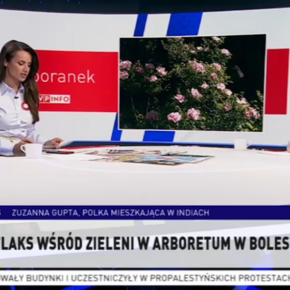 Kadr z programu telewizyjnego reklamującego Arboretum Bolestraszyce w TVP Info